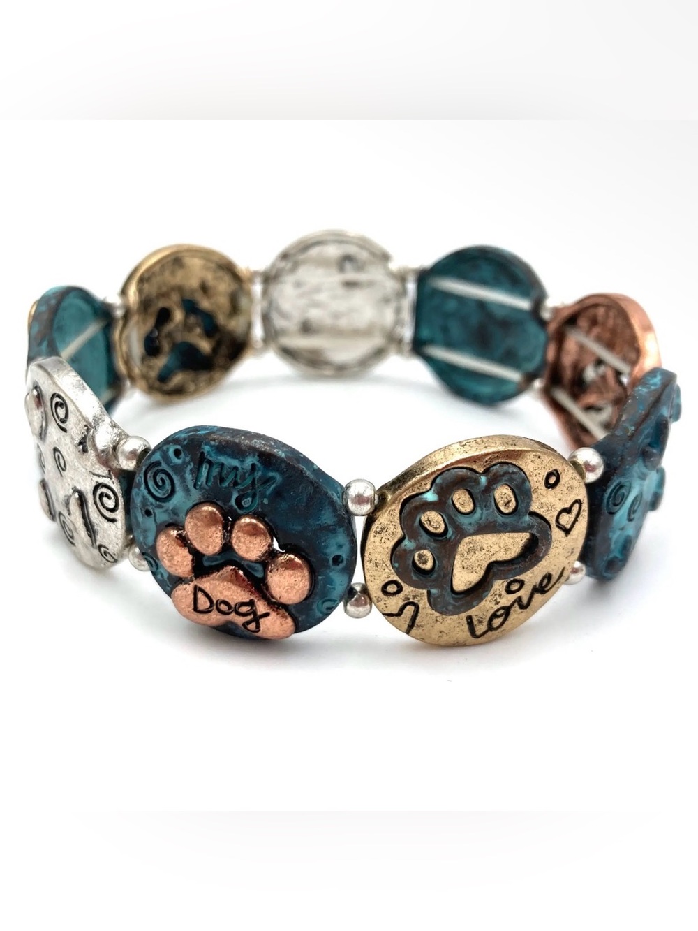 NWT Love My Dog Paw Charm Stretch Bracelet Patina, Bronze & Copper